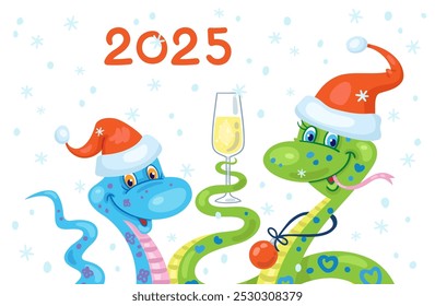Portrait of two funny decorative snakes in Santa hats with a glass of wine. Symbol of Chinese New Year. Greeting card 2025 in cartoon style. Isolated on white background. Vector illustration.