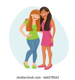 Portrait of two girls laughing. Friendship concept. Vector illustration.