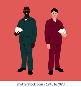 Portrait of two happiness labors wearing in a work uniform. The builder and the repairman are standing in full height. Vector flat illustration.