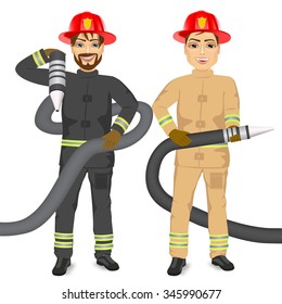 portrait of two happy firemen holding hose isolated on white background