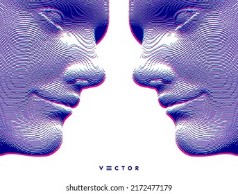 Portrait of a two happy smiling men. Abstract digital human head constructing from cubes. Technology and robotics concept. Voxel art. 3D vector illustration for presentations, flyers or posters. 