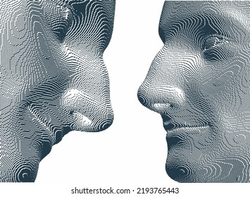 Portrait of a two happy smiling men. Abstract digital human head constructing from cubes. Technology and robotics concept. Voxel art. 3D vector illustration for presentations, flyers or posters. 