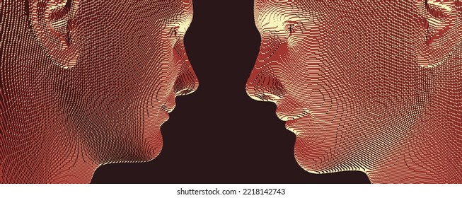 Portrait of a two happy smiling men. Abstract digital human head constructing from cubes. Technology and robotics concept. Voxel art. 3D vector illustration for presentations, flyers or posters. 