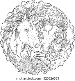 Portrait of two horses, male and stallion with flowers and clouds. Coloring page.