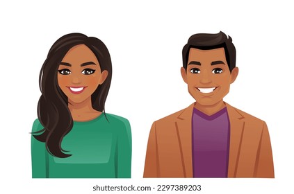 Retrato de dos personas indias. Ilustración vectorial aislada de hombres y mujeres adultos jóvenes