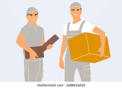 Portrait of a two male couriers in workwear holding parcels on the color background. Colorful vector illustration in flat cartoon style