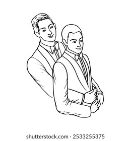 retrato de dois homens abraçando em pose grande e colher pequena, gays, noivos, casamento, amantes - esboço de linha desenhada à mão
