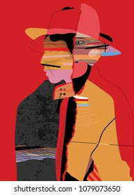 Portrait of two men on red background