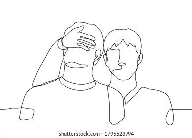 portrait of two men standing next to each other, one of which closes the other's eyes. One continuous line art concept to hide something from prying eyes, hide, hide secrets,