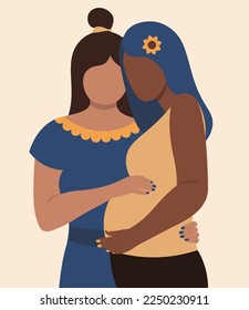 Retrato De Dos Mamás Que Esperan El Hijo, Concepto De Ilustración Del Vector De Embarazo En Estilo Plano