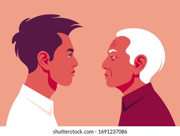 Portrait of a two profiles young guy and old man. Side view. Age-related changes in the face. Vector illustration in flat style