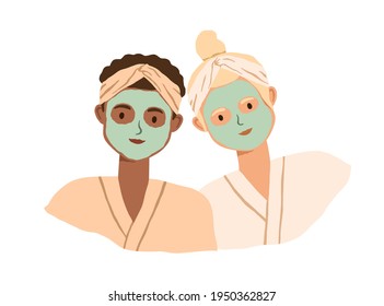 Portrait of two women with clay facial masks on their faces. Spa skin care treatment of girlfriends in bathrobe and headbands. Colored flat vector illustration isolated on white background