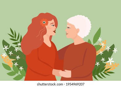 Portrait of two women embracing in profile, young and old, mother and daughter. The concept of motherhood, family, love, female, friendship and care. Vector graphics.