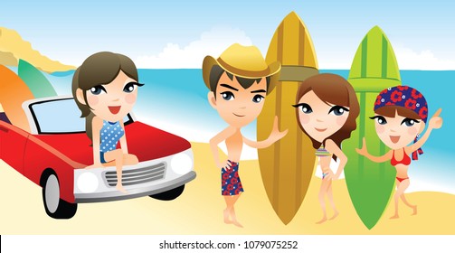 Portrait of two women and a man holding surfboards with a woman sitting on a car
