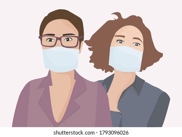 a portrait of two women in medical masks. For protection against viral diseases, environmental and air pollution. flat design. vector illustration.