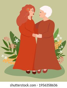 Portrait of two women, mother and daughter, gray hair grandmother and granddaughter, old and young holding hands. The concept of motherhood, love, and female friendship. Vector graphics.