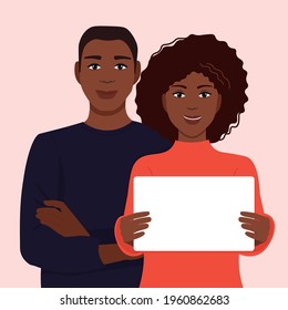Portrait of two young African-Americans. Dark-skinned male and female are smiling, holding a poster, a form, a banner. Vector graphics.