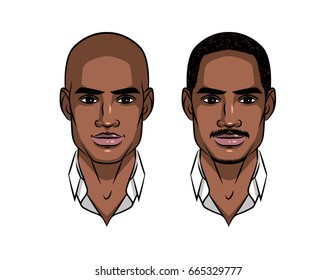Portrait of two young attractive Afro american guys. Set of two types dark skin men with and without beard and mustache