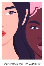 Portrait of a two young women. Faces of African and Asian fashion models. Couple of LGBTQ. Vector flat illustration