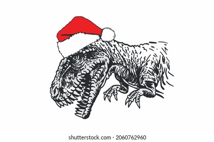 Portrait of tyrannosaurus in red hat on white , Christmas element for typography . New year graphical illustration