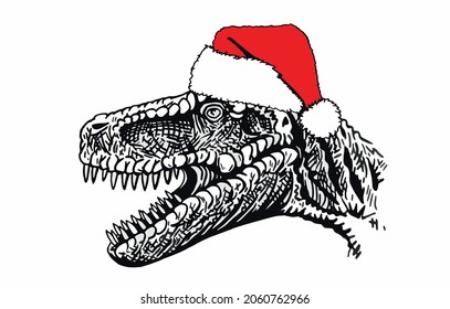 Portrait of tyrannosaurus in red hat on white , Christmas element for typography . New year graphical illustration