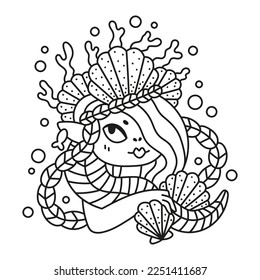 Portrait of underwater princess with shell crown. Pretty little mermaid girl. Long hair with piggy tails. Cute cartoon vector illustration. Fantasy coloring page for kids. Outlined. Isolated on white