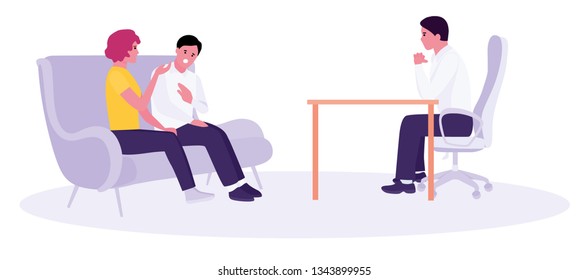 Portrait of unhappy couple talking to marriage counselor before breaking up, consulting family relationships expert, trying to save marriage. Vector illustration in a flat cartoon style