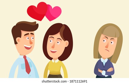 Portrait of unhappy woman looking enviously at a couple in love. Young woman is envious and jealous of her girlfriend. Love triangle. Vector illustration, flat design, cartoon style, isolated.