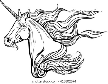 Portrait of unicorn with mane of flames of fire.