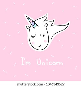Portrait of a unicorn on a pink background. Doodle. Vector. Shy pretty unicorn.