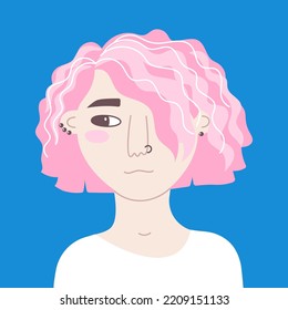 Portrait of unsmiling young woman with pink hair. Vector flat illustration of a girl in white clothes. Modern teenager with wavy bob hairstyle and piercing looks sideways. Avatar for social network.