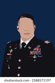 Portrait of a us army soldier wearing a dress uniform decorated with medals and ribbons, representing military service and achievements