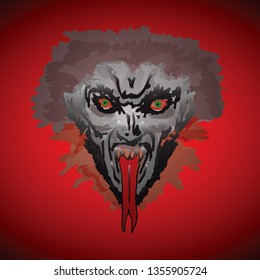 Portrait of a vampire with forked tongue for Halloween concept. Hand drawn vector illustration.