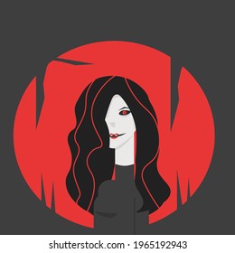 Portrait of a vampire girl. A girl with long black hair and red eyes on a black background with a red circle.
