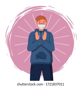 Portrait of vector cartoon character in face medical mask show stop gesture at colorful vector element background. Concept of stop world epidemic. Young man protect from virus with respiratory mask