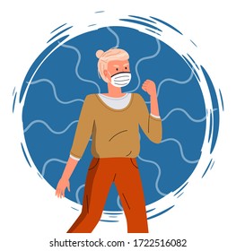 Portrait of vector cartoon character in face medical mask show fight gesture at colorful vector elements background. Concept of world epidemic. Young woman protect from virus with respiratory mask