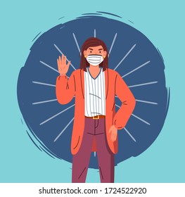 Portrait of vector cartoon character in face medical mask show stop gesture at colorful vector elements background. Concept of world epidemic. Young woman protect from virus with respiratory mask
