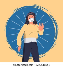 Retrato de personaje vectorial de caricatura con mascarilla médica muestra el gesto de detener en fondo azul y amarillo. Concepto de epidemia mundial. Mujeres jóvenes protegen del virus con máscara respiratoria