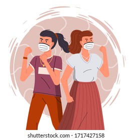 Portrait of vector cartoon characters in face medical masks show fight gesture at colorful vector elements background. Concept of world epidemic. Young women protect from virus with respiratory mask