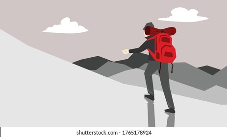 Portrait, vector climbing people, stand out, solitary, peace of mind, bright red suitcase, rub the gray mountain with white clouds