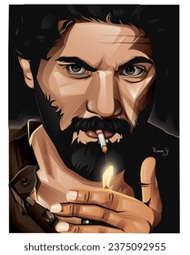 Portrait vector detailed illustration of angry men giving poses with a cigarette and angry face and eyes. 