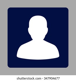 Portrait vector icon. Style is flat rounded square button, white and dark blue colors, silver background.