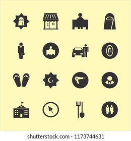 portrait vector icons set. with beach sneakers, arab woman, islam symbol and man with car in set