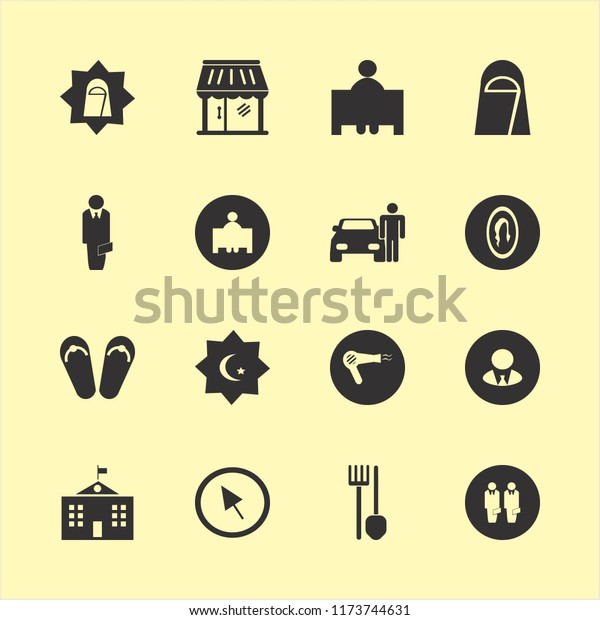 portrait vector icons set. with beach\
sneakers, arab woman, islam symbol and man with car in\
set