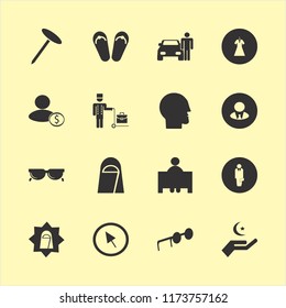 portrait vector icons set. with cursor, beach sneakers, arab woman and bellhop in set