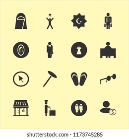 portrait vector icons set. with evening dress, female mirror, happy man bulb and nail in set
