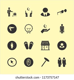 portrait vector icons set. with sunglasses, shop, hand islam sign and beach sneakers in set