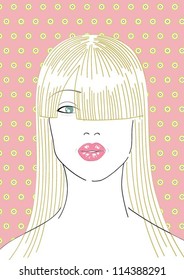 portrait vector illustration of beautiful, young woman peeping with one eye from behind her fringe, blowing a kiss