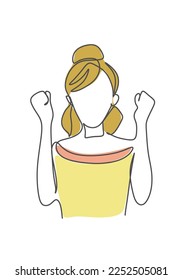 A portrait vector illustration of a woman in a yellow t-shirt. Continuous line drawing in portrait