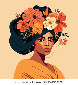 Portrait of a very beautiful woman beautiful african girl. Flowers in your hair. Hairstyle. Postcard poster banner women's day. Vector flat bright illustration on a gentle pastel background